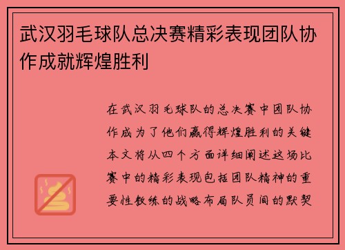 武汉羽毛球队总决赛精彩表现团队协作成就辉煌胜利