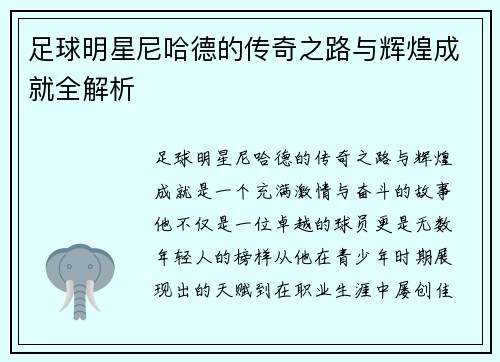 足球明星尼哈德的传奇之路与辉煌成就全解析